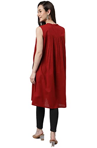 Image of Janasya Women's Maroon Dobby Cotton Solid Gathered Tunic