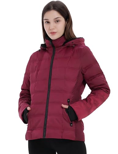 Women Down Puffer Jacket, Hooded Puffer Coat with Faux-Fur Hood & Collar Thumb Hole2