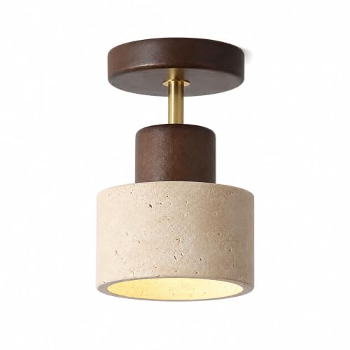 Jadssox Lámpara De Techo De Travertino, Plafón De Madera Con Pantalla De Piedra Natural, Luces De Techo For Entrada Del Pasillo Del Dormitorio, Accesorio De Iluminación Japonés(Walnut)