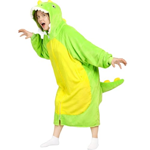 Waitu Dinosaur Wearable Blanket Hoodie Funny Halloween Costumes Gifts for Women Men Boys Girls Zipper Hoodie Blanket Sweatshirt Cozy Unisex Flannel Dinosaur Costume Cute Gifts (Adult Green)