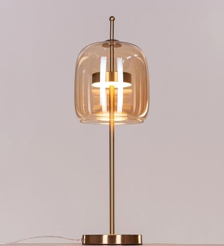 Image of Modern Amber Glass Table Lamp with 3-Color LED | Gold Metal Bedside Lamp for Living Room & Bedroom | Decorative Table Light for Home Decor