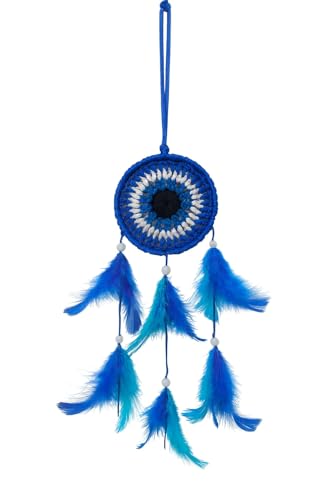 Image of Handmade Evil Eye Dream Catcher for Car & Home Decor - Blue Feather Hanging Ornament for Protection, Positive Vibes & Interior Decoration