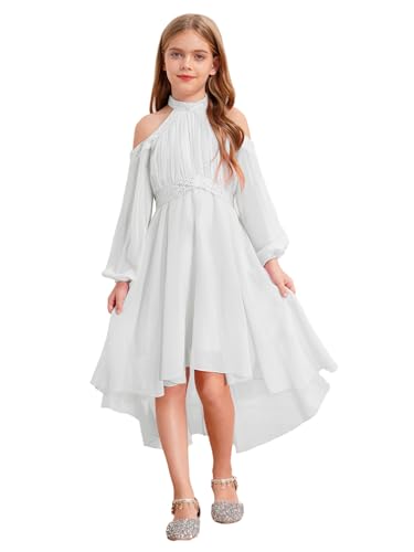 Aislor Kleid Mädchen Festlich Langarm Blumenmädchenkleider Winter Abendkleider Frühling Hochzeitskleid Kommunionkleider Elegant Chiffonkleid Elfenbein 134-140