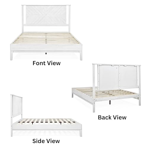 Image of Bme Vivian 14 Inch Deluxe Bed Frame with Headboard, Rustic & Scandinavian Style with Solid Acacia Wood, No Box Spring Needed, 12 Strong Wood Slat Support, Easy Assembly, Queen, Rustic White