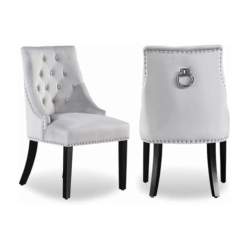 Life Interiors – Silla tapizada de terciopelo Windsor – con anillo de metal – Estilo clásico y diseño – Patas de madera – Comedor, Salón o tocador (gris claro, 2)