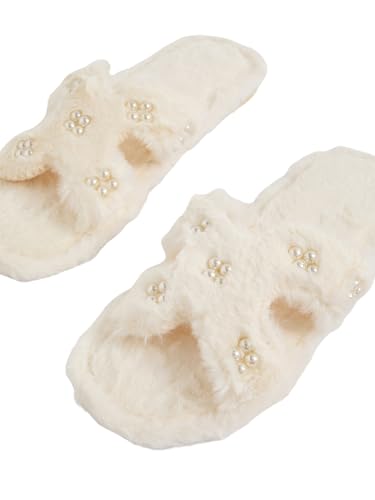 Verdusa Women's Cut Out Pearl Slippers Open Toe Fuzzy Bedroom Shoes Bride Slippers White 7.53