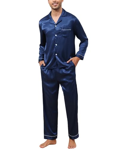 TeJoyce Pijama Hombre Satén Largo, Ropa de Dormir Seda Dos Piezas, Conjunto Rayas Raso Loungewear de Manga Larga con Botones y Pantalón con Bolsillos, Ropa de Casa Elegante y Cómodo Azul Marino, L