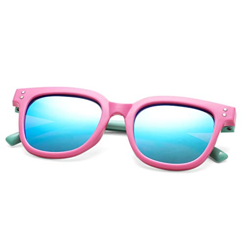 Rubber Kids Polarized Sunglasses Shades - COASION Sunnies for Boys Girls Toddler and Children Age 2-10 (Pink/Blue Mirror)