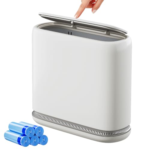 Image of Small Bathroom Trash Can with Lid, 2.3 Gallon Slim Trash Can, Narrow Garbage Can with Hidden Liner & Auto-Smooth Bag Fit, Press-to-Open Lid, White, for Bathroom, Bedroom, Office, Kitchen