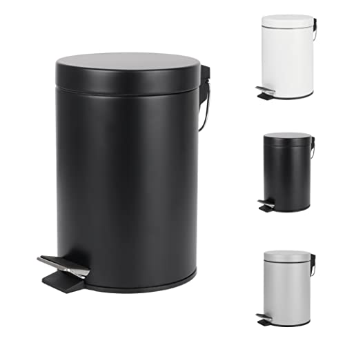 Home Treats Bathroom Bin 3L- Small Pedal bin for Bathroom Bin With Lid, Soft Close Hinge, Toilet, Restroom Stainless Steel Rubbish Waste Bin with Removable Inner Bucket Silver White Black (Black)