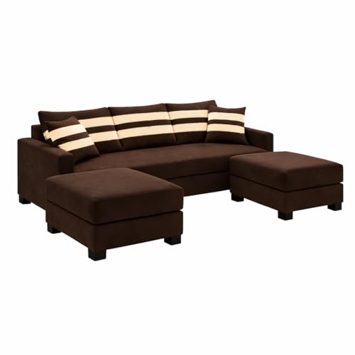 Image of Kassian 5 Seater L Shape Sofa Set with 2 Movable Ottomans | Flexible Layout | Rich Velvet Suede Fabric | Silver Legs | Modern Sofa for Living Room (Dark Brown)