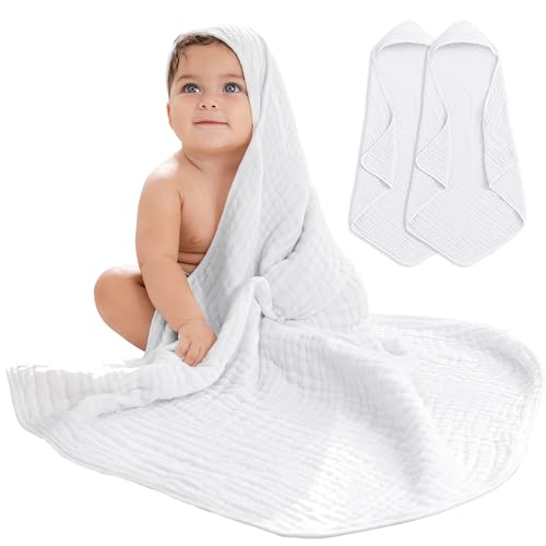 Image of Comfy Cubs 2 Pack Baby Hooded 9 Layer Muslin Cotton Towel for Kids, Large 32” x 32”, Ultra Soft, Warm, and Absorbent. Baby Essentials Bath Towels, Cute Unisex Cover for Girls and Boys (2 Pack, White)