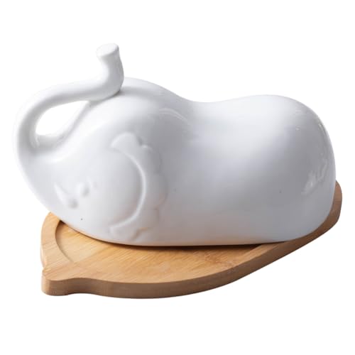 DECHOUS 大象形状セラミックバタープレート 蓋付きシンプル木製トレイ 家用食器 ホテル対応 電子レンジ食洗機対応