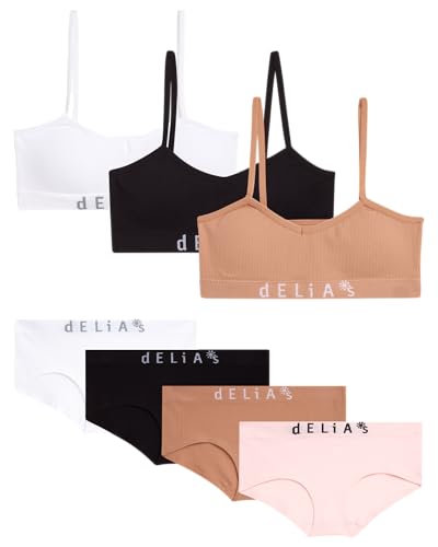 dELiA*s Girls Underwear Set - 7 Piece Soft Stretch Seamless Ribbed Training Bra and Hipster Panties (Sizes 7-16)
