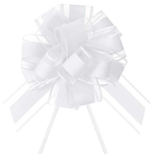 6 Pcs 6 Inch Double-Layered Pull Bows Organza Ribbon White Gift Bows for Gift Wrapping Classic Style Big Bow for Christmas Present (White)