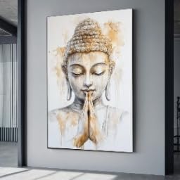 Peinture de Bouddha blanc et or, toile zen d'art contemporain 80 x 110 cm