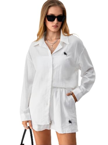 Image of SweatyRocks Women's 2 Piece Outfits Button Down Shirts Lounge Linen Sets and Mini Shorts Pajama Gauze Set Beachwear