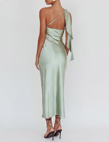 Image of 2026 Satin One Shoulder Maxi Dress for Women Summer Silk Formal Elegant Backless Ruffle Sleeveless Wedding Guest Dresses