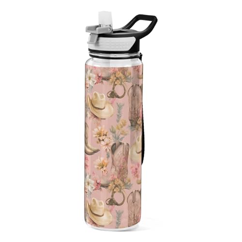 OWFKAY Botella de agua de 907.2 g con pajita, Tritan sin BPA, botas vaqueras, sombrero, patrón floral, botella de agua deportiva con asa de transporte, a prueba de fugas, perfecta para viajes, escuela