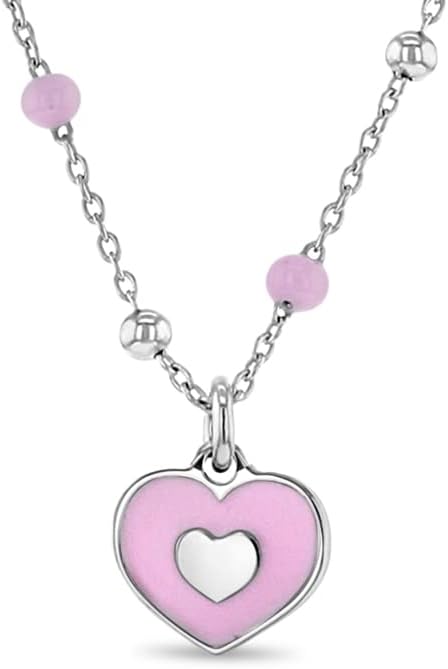 925 Sterling Silver Pink Enamel Heart Pendant Necklace For Little Girls 14" - Adorable Heart Shaped Necklace for A Stylish Little Girl - Heart Themed Jewelry For Children's Everyday Wear