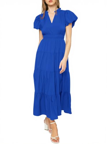 Image of Wenrine Womens Summer Midi Dress A-Line Puff Short Sleeve V Neck Dresses