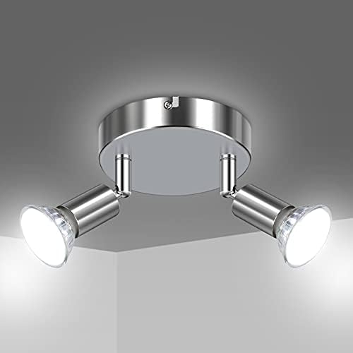 Uchrolls LED Ceiling Light Rotatable,2 Way Swiveling Round Plate Spotlight for Kitchen, Living Room and Bedroom, Complete with 2X 4W GU10 LED Light Bulbs (450LM, Cool White)- White Chrome