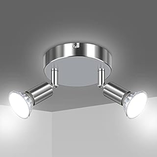 Uchrolls LED Ceiling Light Rotatable,2 Way Swiveling Round Plate Spotlight for Kitchen, Living Room and Bedroom, Complete with 2X 4W GU10 LED Light Bulbs (450LM, Cool White)- White Chrome