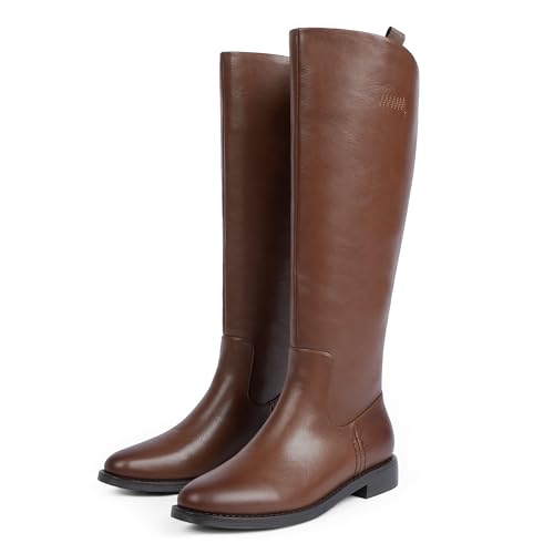 Image of Modatope Knee High Boots Women Rounded Toe Flat Retro Bais Opening Low Chunky Heel Riding Boots