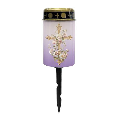 Image of Cross and Floral Solar Grave Lights for Cemetery Flameless Solar Powered Light for Prayer Waterproof Cemetery Solar Lights for Grave Cemetery Decor Candle Lamp