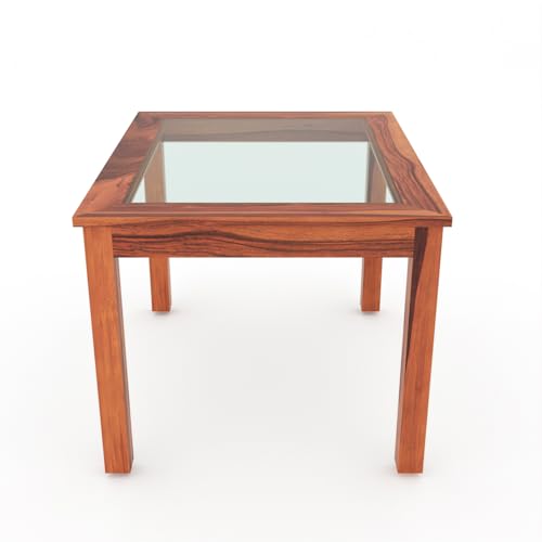 Image of Solid Sheesham Wood Dining Glass Top Table Set of 4| Wooden 4 Seater Dining Table with 4 Chairs with Cushion|Wood Dining Table & Chairs for Home, Restaurant, Dining Room |Honey Finish