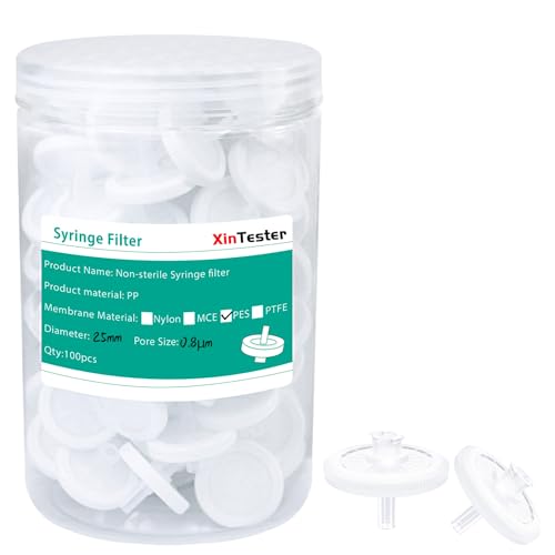 Image of Xin Tester 100 PCS PES Non-Sterile Syringe Filter Membrane 25mm Diameter 0.8um Pore Size Hydroplihic Filtration High Throughput Syringe Lab Filters