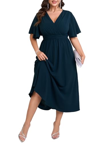 Image of SHESTARR Womens Plus Size Wrap V Neck Dress Short Flutter Sleeve Pleated Empire Waist Ruffle A Line Maxi Long Dresses
