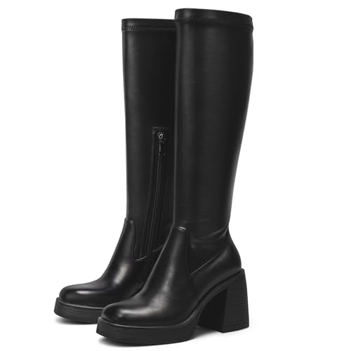 Image of Choiran Knee High Boots for Women - Platform Chunky Square Toe Tall Boots with Block Heeled Side Zipper, Fashion Long Gogo Boots for Spring Fall