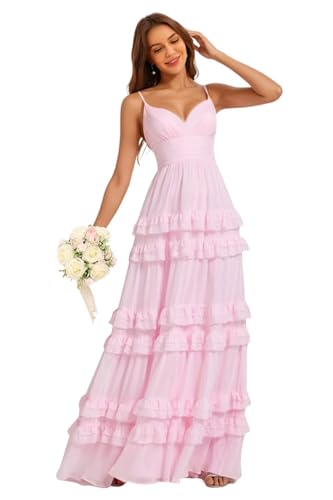 SEIM Women's Spaghetti Straps Ruffles Bridesmaid Dresses Long A Line Pleated Formal Evening Dress SE1057