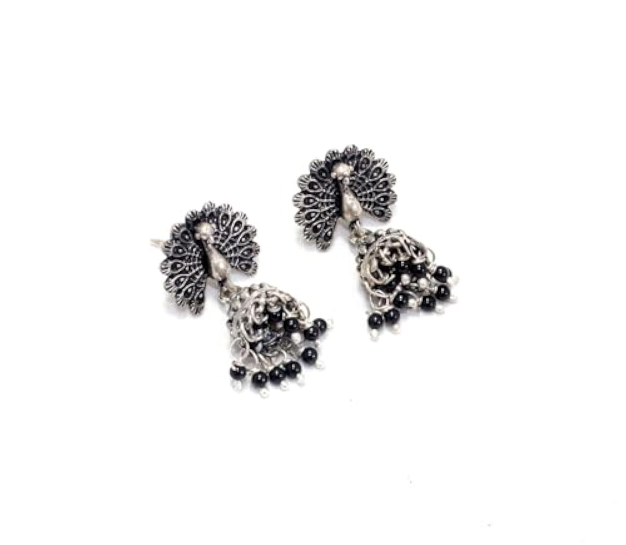 Women's 925 Sterling Silver Peacock Jhumki Earrings with Onyx