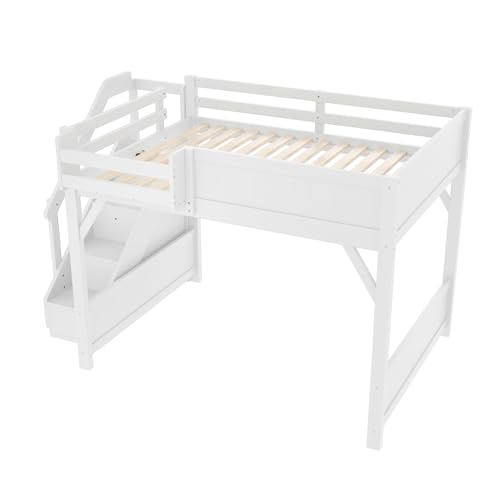 Image of KEIKI Solid Wood Full Size Loft Bed Frame with Stairs, Built-in Wardrobe and Storage Space, Full Loft Bed with Shelves, Full-Length Guardrails, No Box Spring Needed for Bedroom, Light White
