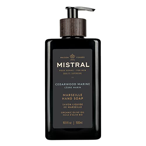 Mistral Cedarwood Marine Liquid Hand Soap for Men | Luxury Moisturizing Handsoap with Organic Olive Oil, Glycerin and Coconut Oil | Rich Lather | Paraben-Free | Made in France – 16.9 Fl Oz