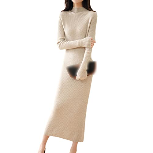 Robe pull d'automne femme en laine tricotée beige à manches longues de la marque Kelsiop