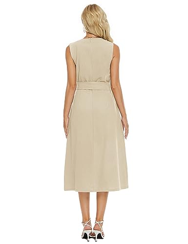 Image of Ladyful Women's Sleeveless Cotton Linen Midi Dress V Neck A Line Tank Dress