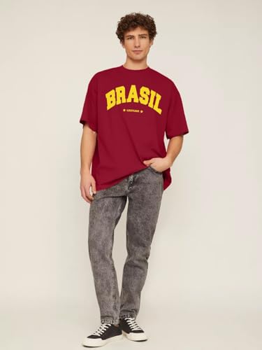 Image of LEOTUDE Men's Oversized Baggy Fit Drop Shoulder Half Sleeves Round Neck Printed Cottonblend T-Shirt for Men (Color: Maroon)
