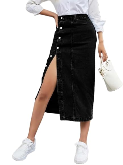 tripursundari fashion Z Black Side Button Plain Straight Maxi Denim Woman Skirt 14200-picture-35