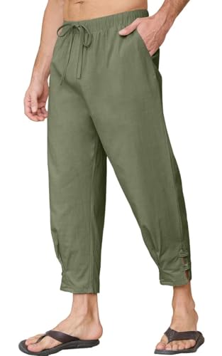 Yutdeng Pantalon Lino Hombre Verano Largo Pantalones Anchos con Bolsillos Ligeros Cintura Elástica Cordón Casual Pantalón Lino Algodon Largos Pantalones de Verano Hombre Yoga Playa,Verde,XXL