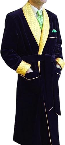 Men Long Navy Blue Smoking Jacket Realxed Fit Evening Robe Dinner Quilted Jacket
