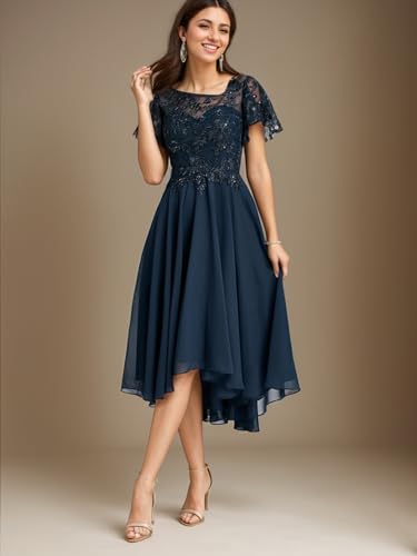 A line Elegant Wedding Guest Dress Mother of The Bride Dress Asymmetrical Chiffon Scoop Neck Short Sleeve Sequins 20244
