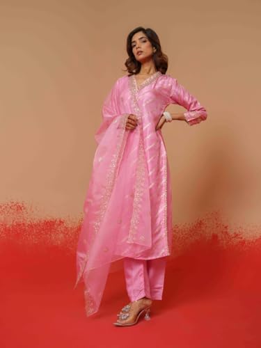 Image of Kaari Women's Embroidered Kurta Set with Dupatta - Festive Kurta Set for Women Polyester