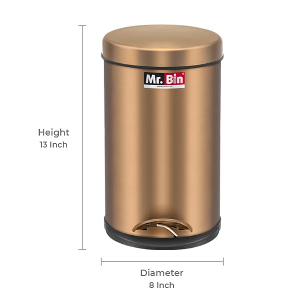 Image of Mr. Bin Dustbin Stainless Steel 202 Gold Pedal Bin with Plastic Bucket and Lid | 8 inch x 13 inch Garbage Bin | Trash Can | Round Shape Dustbin for Home, Bathroom, Kitchen & Office | 7 Liter