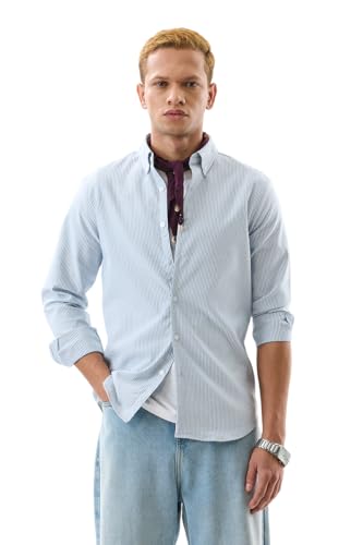 Image of SNITCH Men's Casual Luxe Shirt | Slim Fit Full Sleeve Button-Down Collar Striped Design | Premium Polyester Blend & Smooth Woven Fabric for Everyday & Semi-Formal Wear