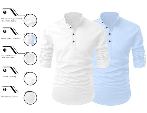 Image of FINIVO FASHION Combo of Men's Cotton Blend Solid Regular Fit Full Sleeve Straight Short Kurta Shirt, Casual and Formal Wear