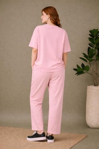 Image of Kvetoo Women Solid Tracksuit Set Cotton Lounge Wear Set Half Sleeve Polo T-Shirt & Straight Pant Casual Travel Outfit