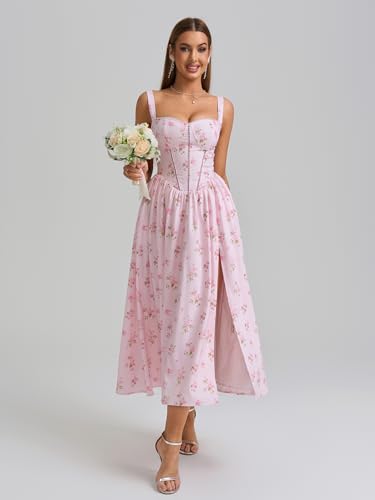 Image of KUTUMAI Floral Corset Midi Dress Flowy Slit Summer Spring Wedding Guest Dresses for Women Sundress with Pockets